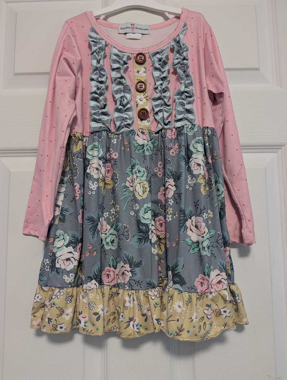 Adorable Sweelness Pink & Gray Floral Ruffle Long-Sleeve Dress for Kids Size 6T